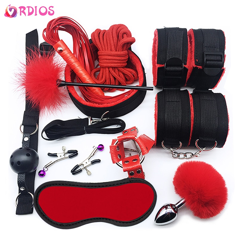 VRDIOS BDSM Sex Bondage Set Handcuffs Gag Whip NippleClamps...